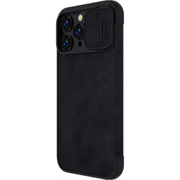 Nillkin Qin odinis profesionalus dėklas iPhone 14 Pro fotoaparato dėklas, dėklas, atverčiamas dėklas, juodas