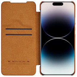 Nillkin Qin odinis profesionalus dėklas iPhone 14 Pro fotoaparato dėklas, dėklas, atverčiamas dėklas, rudas