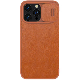 Nillkin Qin odinis profesionalus dėklas iPhone 14 Pro fotoaparato dėklas, dėklas, atverčiamas dėklas, rudas