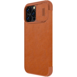 Nillkin Qin odinis profesionalus dėklas iPhone 14 Pro fotoaparato dėklas, dėklas, atverčiamas dėklas, rudas