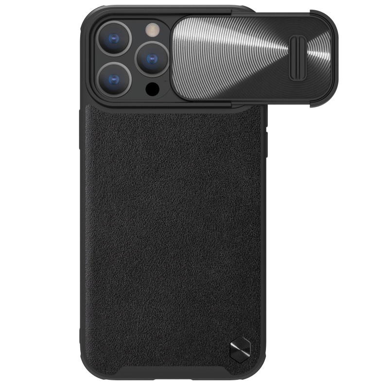 Nillkin CamShield Leather S Case iPhone 14 Pro dėklas su fotoaparato dangteliu juodas