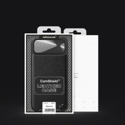 Nillkin CamShield Leather S Case iPhone 14 Plus dėklas su fotoaparato dangteliu juodas
