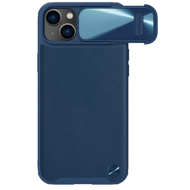 Nillkin CamShield Leather S Case iPhone 14 Plus dėklas su fotoaparato dangteliu mėlynos spalvos