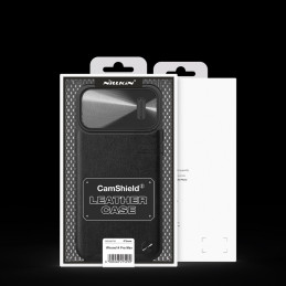 Nillkin CamShield Leather S Case iPhone 14 Pro Max dėklas su fotoaparato dangteliu juodos spalvos