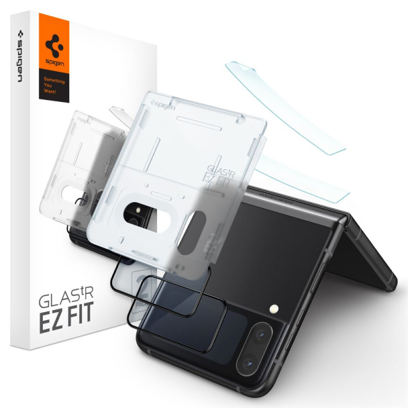 Spigen Glas.tR EZ Fit FC grūdintas stiklas su vyriais, skirtas Samsung Galaxy Z Flip 4 - juodas 2 vnt.