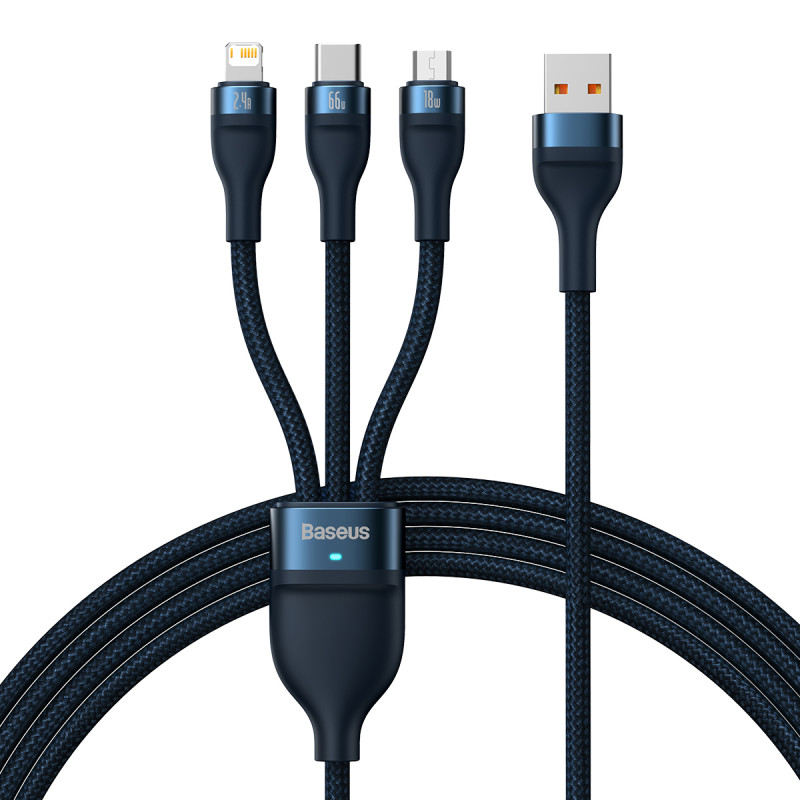 „Baseus Flash“ serija Ⅱ „trys viename“ greito įkrovimo laidas iš USB-A į USB-C / „Micro-USB“ / „Lightning“ 66 W 480 Mb/ ...
