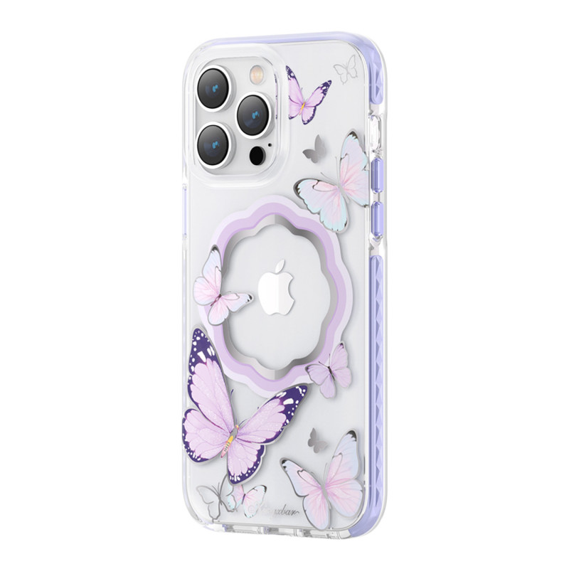 Kingxbar Butterfly serijos magnetinis dėklas iPhone 14 Plus MagSafe dėklas su violetiniais drugeliais