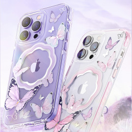 Kingxbar Butterfly serijos magnetinis dėklas iPhone 14 Plus MagSafe dėklas su violetiniais drugeliais