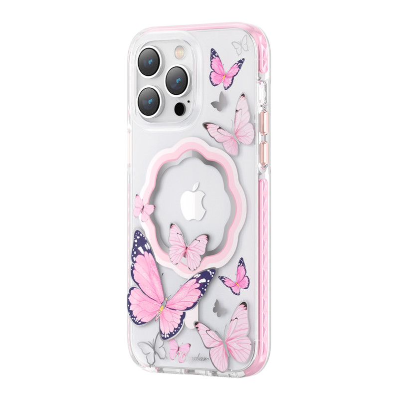 Kingxbar Butterfly serijos magnetinis dėklas iPhone 14 Plus MagSafe dėklas su rožiniais drugeliais