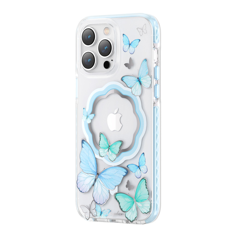 Kingxbar Butterfly serijos magnetinis dėklas iPhone 14 Plus MagSafe dėklas su drugeliais mėlynos spalvos