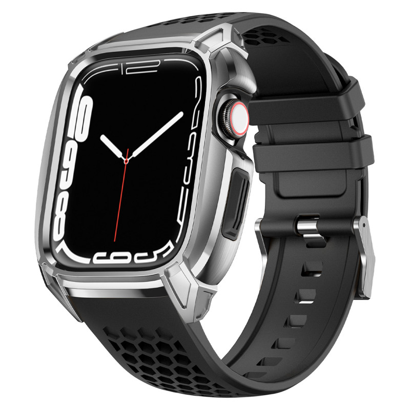 Kingxbar CYF148 2in1 šarvuotas dėklas Apple Watch SE, 6, 5, 4 (44 mm) pagamintas iš nerūdijančio plieno su sidabriniu di...