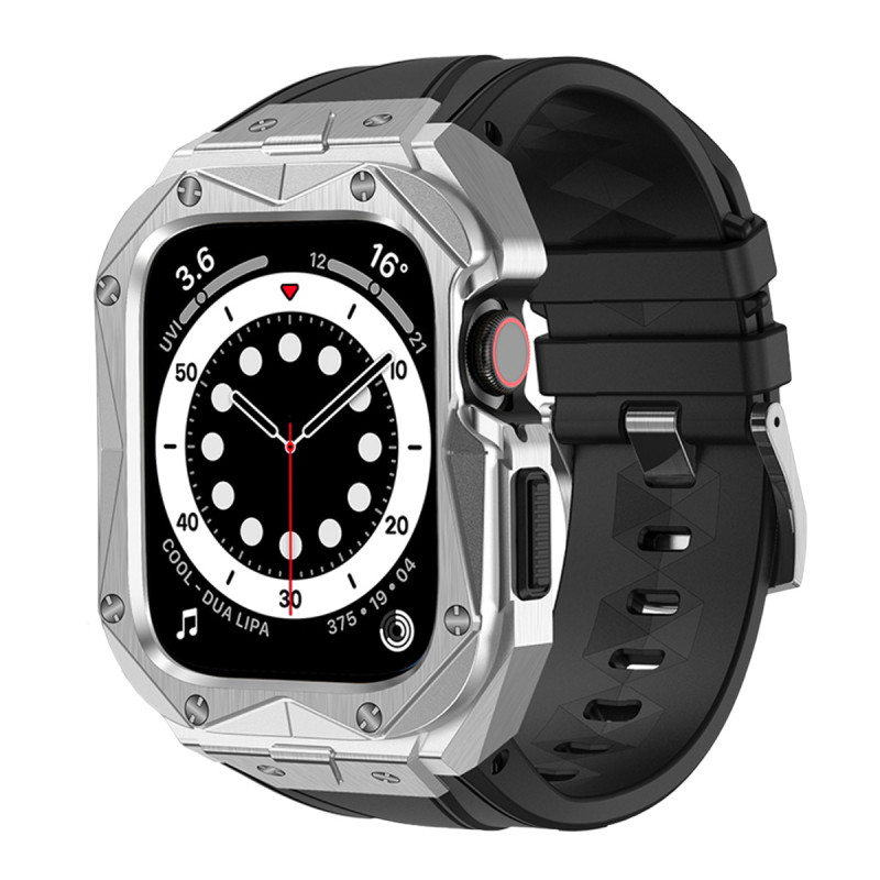 Kingxbar CYF140 2in1 šarvuotas dėklas Apple Watch SE, 6, 5, 4 (44 mm) pagamintas iš nerūdijančio plieno su sidabriniu di...