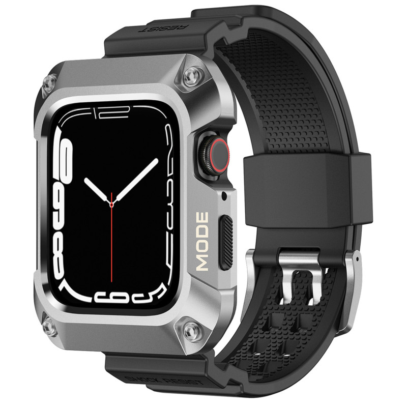 Kingxbar CYF134 2in1 šarvuotas dėklas Apple Watch SE, 6, 5, 4 (44 mm) pagamintas iš nerūdijančio plieno su sidabriniu di...