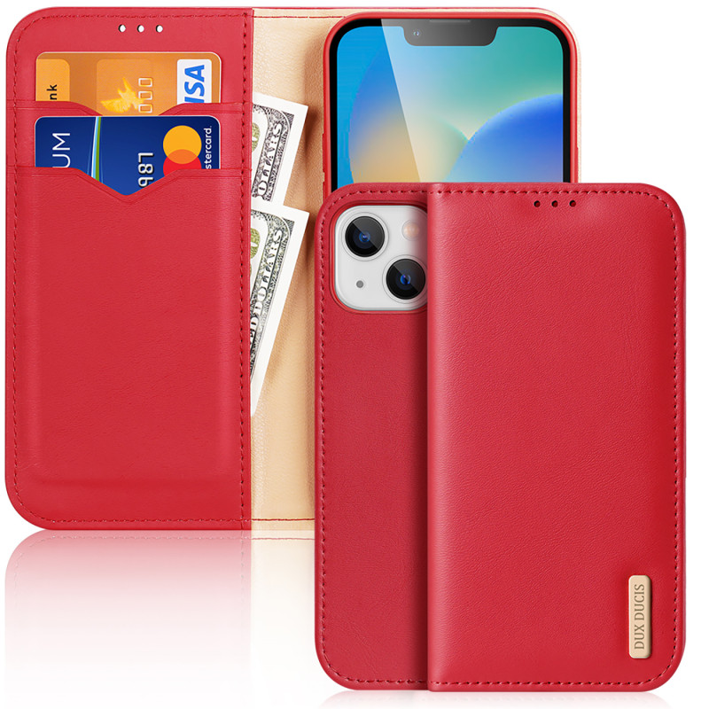 „Dux Ducis Hivo“ odinis atverčiamas dėklas Natūralios odos dėklas piniginė kortelėms ir ID „iPhone 14 Plus Red“