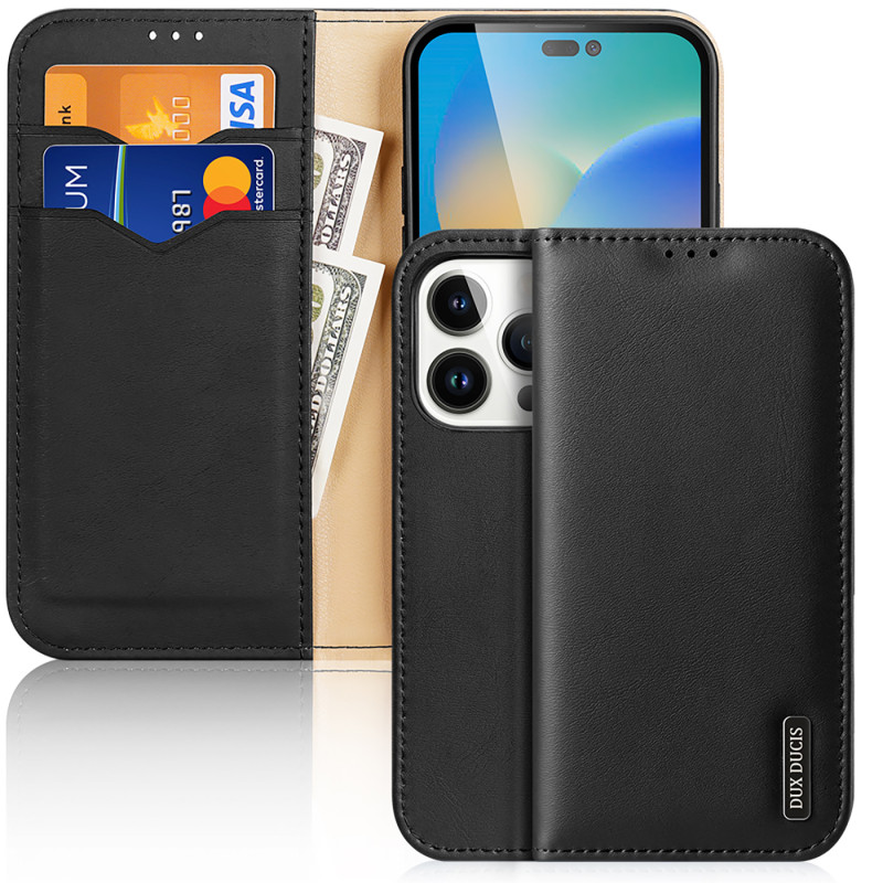„Dux Ducis Hivo“ odinis atverčiamas dėklas Natūralios odos dangtelis piniginė kortelėms ir ID „iPhone 14 Pro Black“