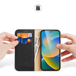 „Dux Ducis Hivo“ odinis atverčiamas dėklas Natūralios odos dangtelis piniginė kortelėms ir ID „iPhone 14 Pro Black“