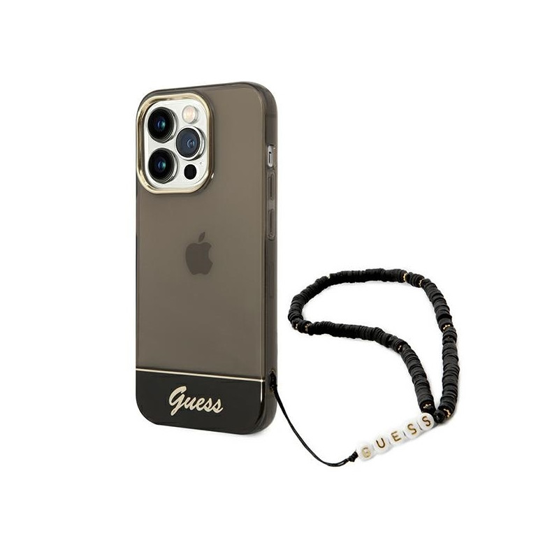 Guess Translucent Pearl Strap dėklas, skirtas iPhone 14 Pro - juodas