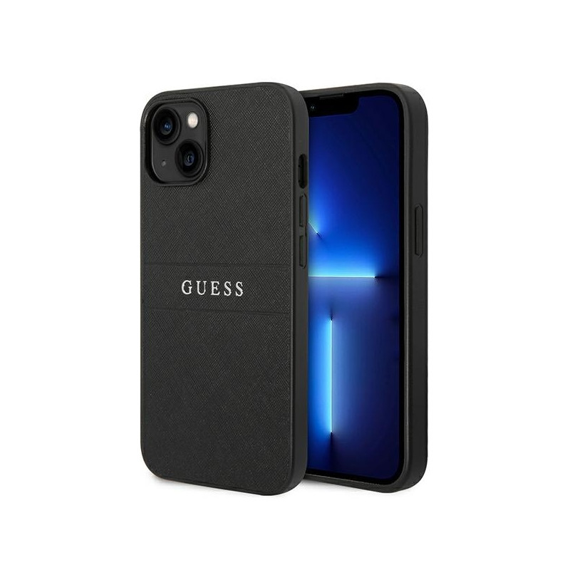 Guess Saffiano Strap dėklas iPhone 14 Plus - juodas