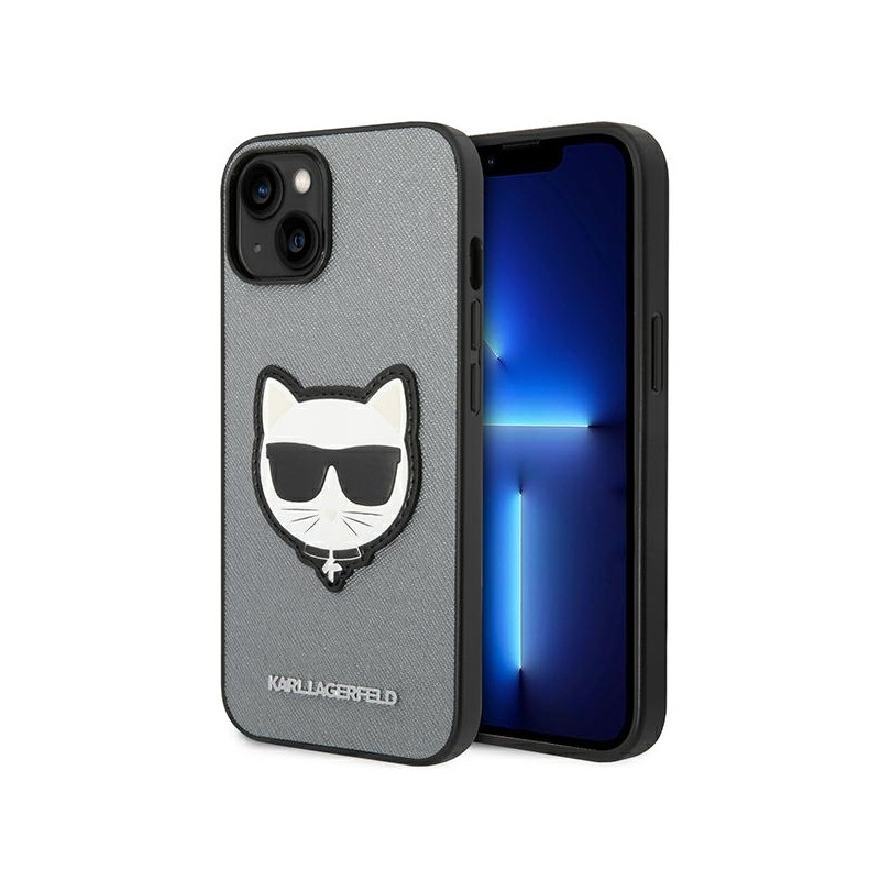 Karl Lagerfeld Saffiano Choupette Head Patch dėklas iPhone 14 - sidabrinis