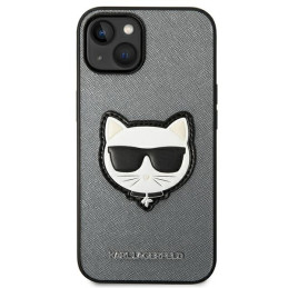 Karl Lagerfeld Saffiano Choupette Head Patch dėklas iPhone 14 - sidabrinis