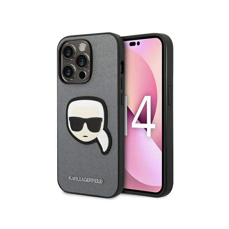 Karl Lagerfeld Saffiano Karl& 39 s Head Patch dėklas, skirtas iPhone 14 Pro Max – sidabrinis
