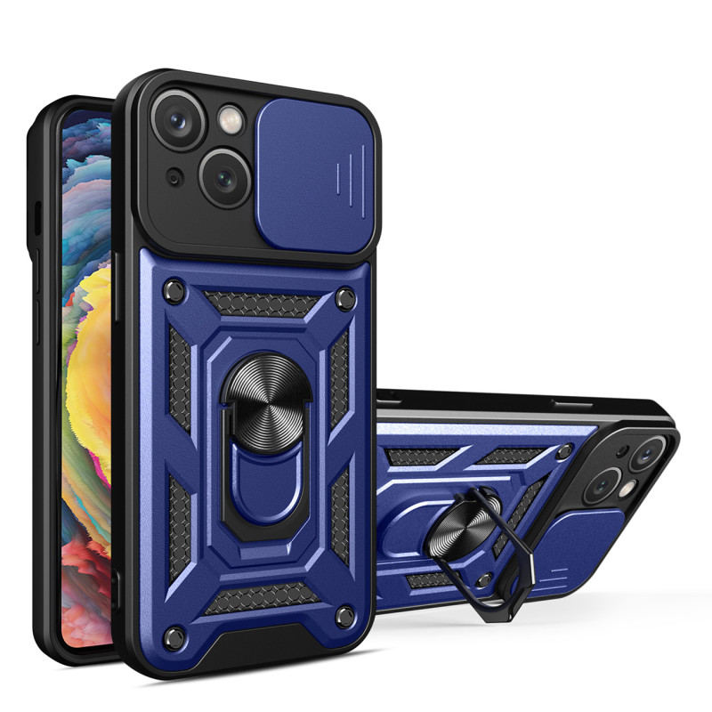 Hybrid Armor Camshield iPhone 14 Plus dėklas, šarvuotas dangtelis su fotoaparato dangteliu, mėlynas