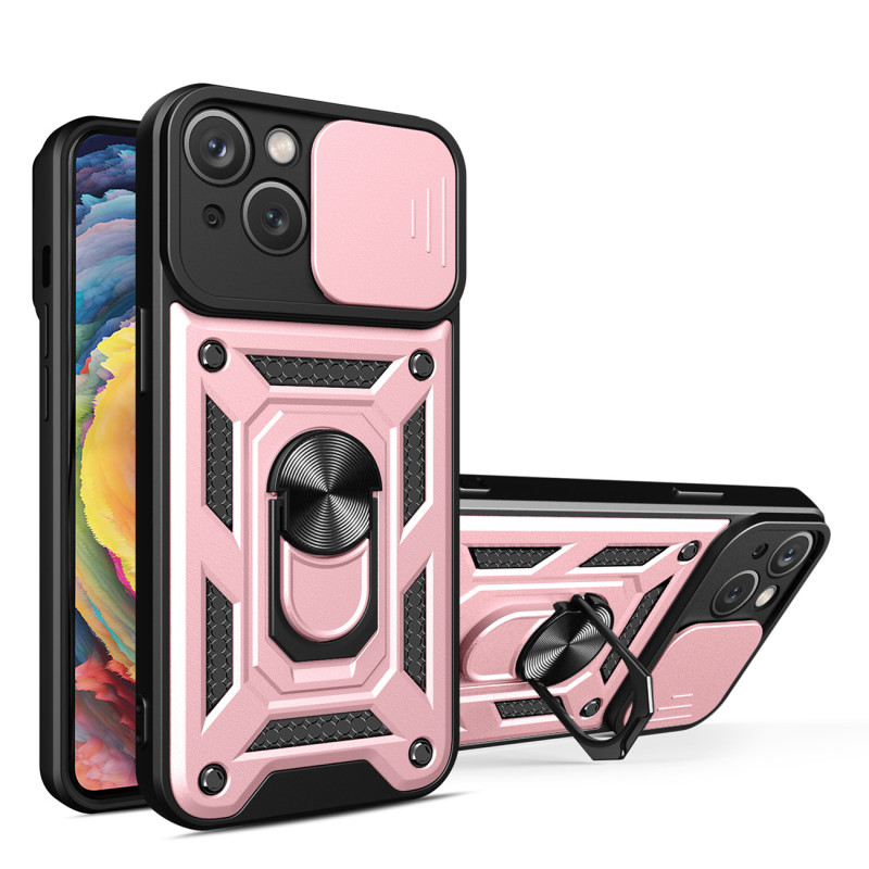 Hybrid Armor Camshield iPhone 14 Plus dėklas, šarvuotas dangtelis su fotoaparato dangteliu, rožinis