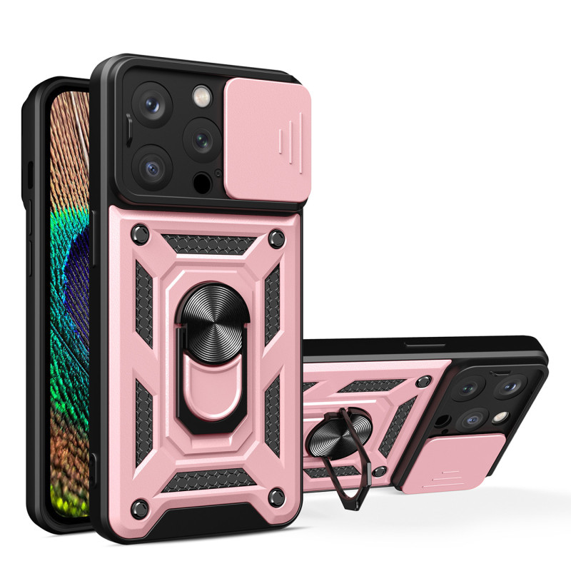 Hybrid Armor Camshield iPhone 14 Pro dėklas, šarvuotas dangtelis su fotoaparato dangteliu, rožinis