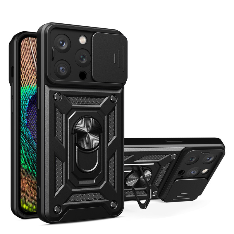 Hybrid Armor Camshield dėklas skirtas iPhone 14 Pro Max, šarvuotas dangtelis su fotoaparato dangteliu, juodas
