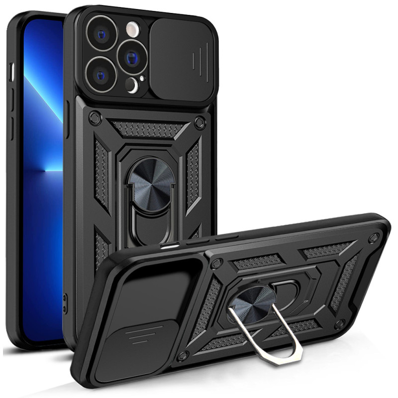 Hybrid Armor Camshield iPhone 13 Pro dėklas, šarvuotas dangtelis su fotoaparato dangteliu, juodas