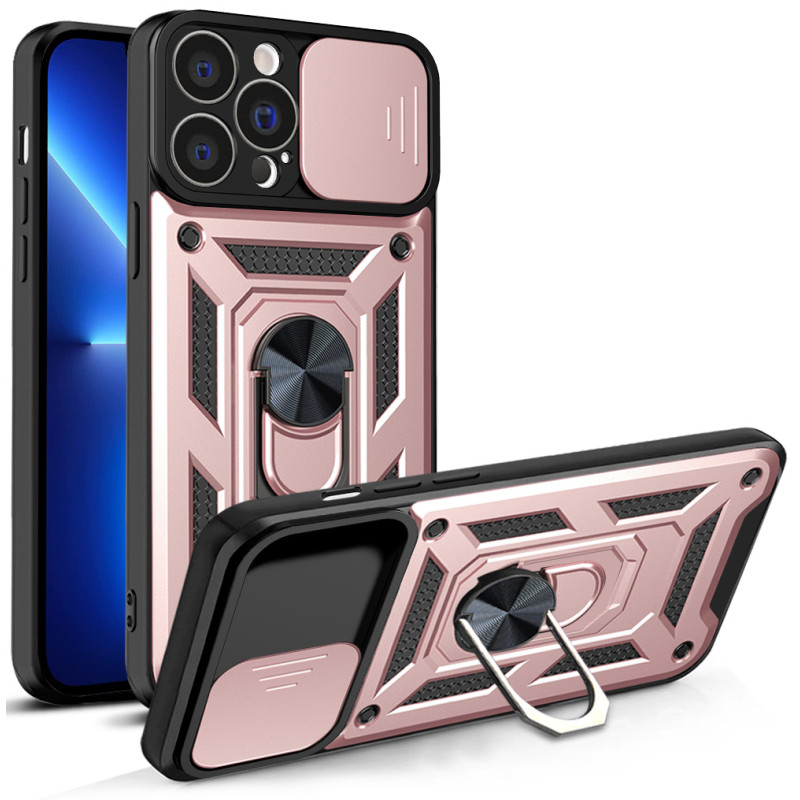 Hybrid Armor Camshield iPhone 13 Pro dėklas, šarvuotas dangtelis su fotoaparato dangteliu, rožinis