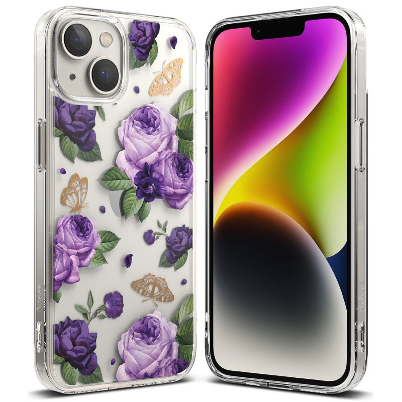 Ringke Fusion Design šarvuotas dėklo dangtelis su gelio rėmeliu iPhone 14 Plus skaidrus (Purple rose) (FD637E29)