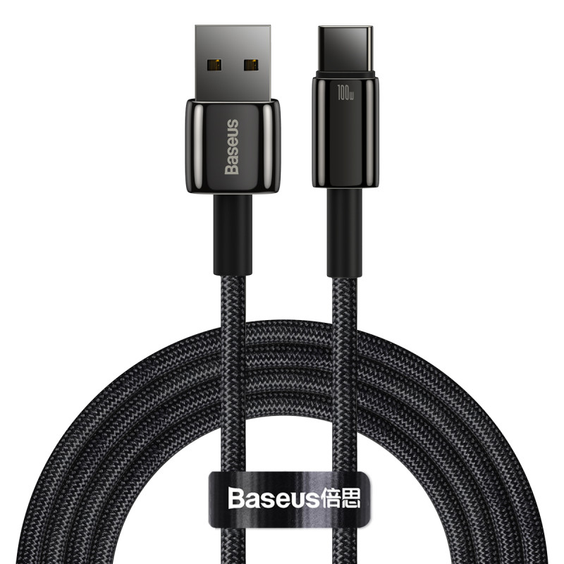 „Baseus Tungsten Gold“ kabelis USB-A – USB-C 480Mb/ s 100W 2m juodas (CAWJ000101)