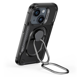 Joyroom Dual Hinge iPhone 14 dėklas, šarvuotas dangtelis su stovu, žiedo laikiklis, juodas