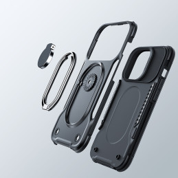 Joyroom Dual Hinge iPhone 14 dėklas, šarvuotas dangtelis su stovu, žiedo laikiklis, juodas