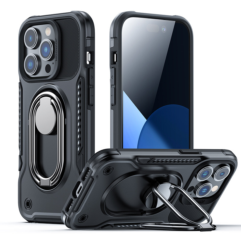Joyroom Dual Hinge iPhone 14 Pro dėklas, šarvuotas dangtelis su stovu, žiedo laikiklis, juodas