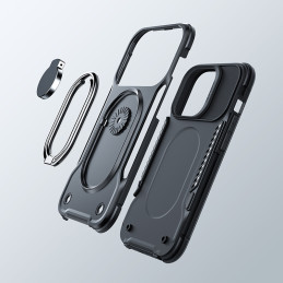 Joyroom Dual Hinge iPhone 14 Pro dėklas, šarvuotas dangtelis su stovu, žiedo laikiklis, juodas