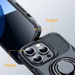 Joyroom Dual Hinge iPhone 14 Pro dėklas, šarvuotas dangtelis su stovu, žiedo laikiklis, juodas