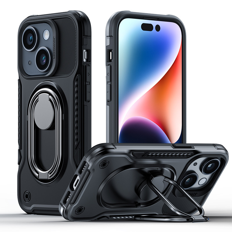 Joyroom Dual Hinge dėklas iPhone 14 Plus šarvuotas dangtelis su stovu ir žiedo laikikliu juodas