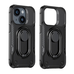 Joyroom Dual Hinge dėklas iPhone 14 Plus šarvuotas dangtelis su stovu ir žiedo laikikliu juodas
