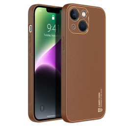 Dux Ducis Yolo iPhone 14 dėklas, elegantiškas dėklas pagamintas iš rudos ekologiškos odos
