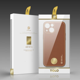 Dux Ducis Yolo iPhone 14 dėklas, elegantiškas dėklas pagamintas iš rudos ekologiškos odos