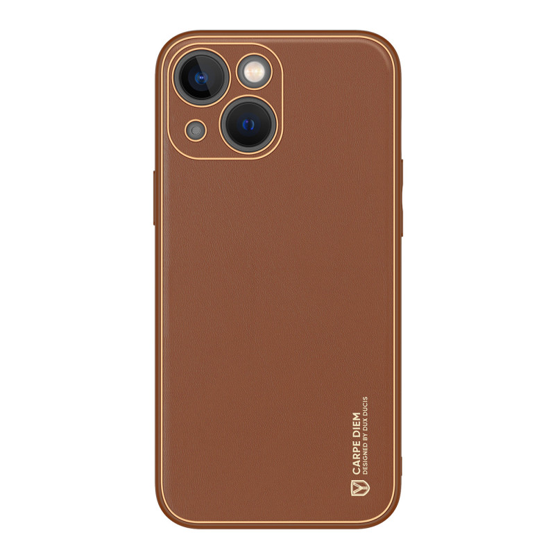 Dux Ducis Yolo iPhone 14 Plus dėklas, elegantiškas dėklas pagamintas iš rudos ekologiškos odos