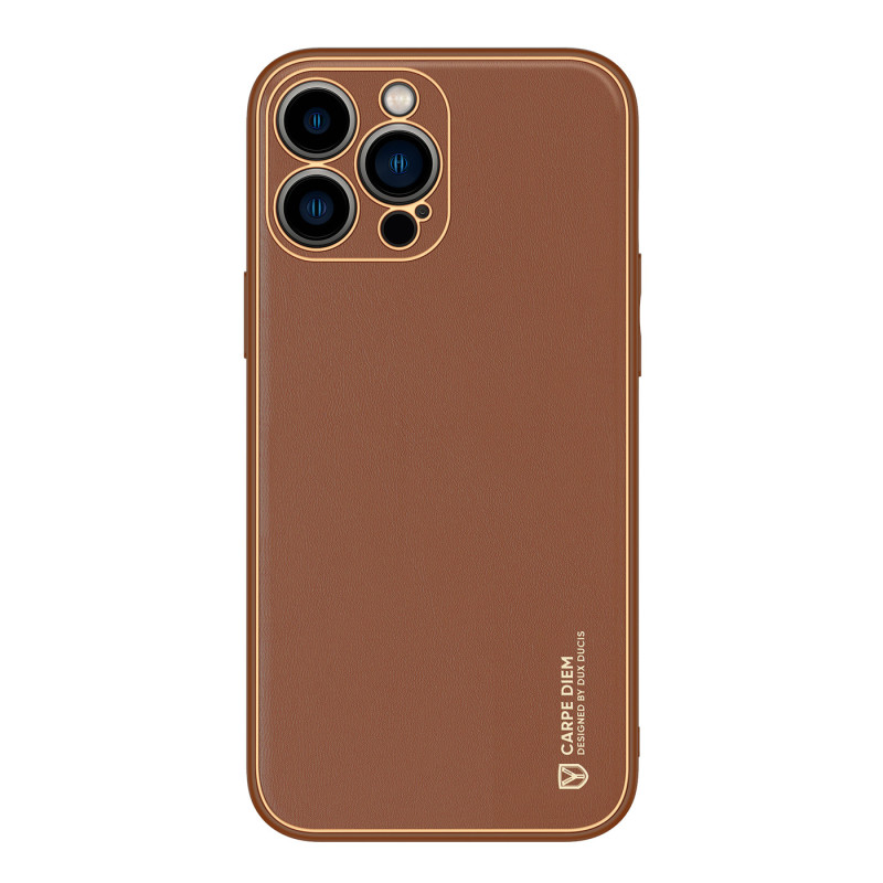 Dux Ducis Yolo iPhone 14 Pro dėklas, elegantiškas dėklas pagamintas iš rudos ekologiškos odos