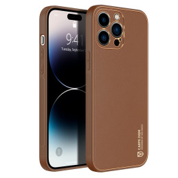 Dux Ducis Yolo iPhone 14 Pro dėklas, elegantiškas dėklas pagamintas iš rudos ekologiškos odos