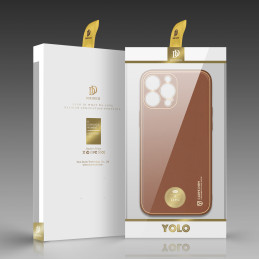 Dux Ducis Yolo iPhone 14 Pro dėklas, elegantiškas dėklas pagamintas iš rudos ekologiškos odos