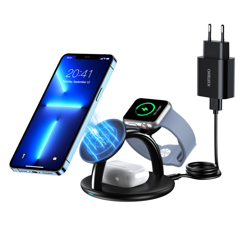 „Choetech“ indukcinio įkrovimo stotelė „trys viename“, skirta „iPhone 12/ 13/ 14“, „AirPods Pro“, juodas Apple Watch (T5...