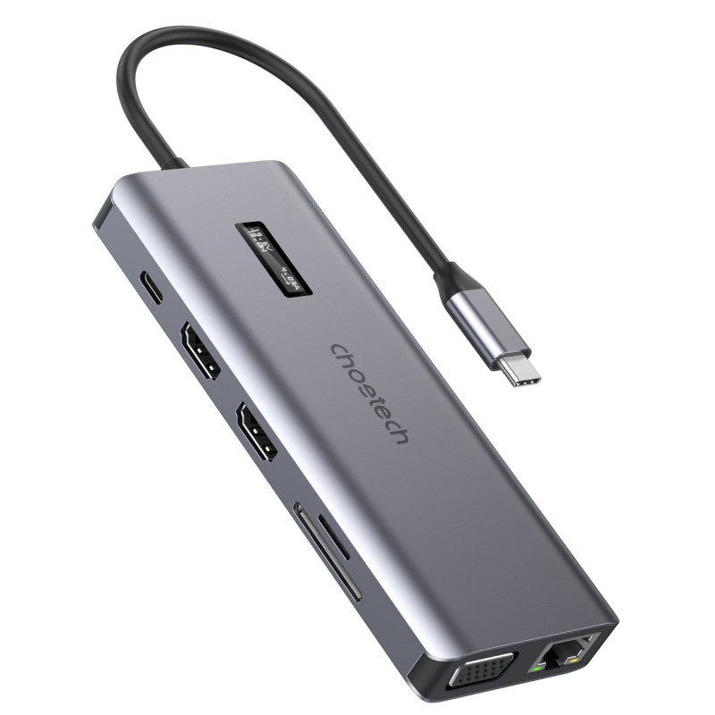 Choetech HUB daugiafunkcis su ekranu 12 in 1 USB-C iki 1xUSB-C / 4xUSB-A / 2xHDMI / 1xVGA / 1xAUX / atminties kortelių s...