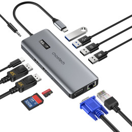 Choetech HUB daugiafunkcis su ekranu 12 in 1 USB-C iki 1xUSB-C / 4xUSB-A / 2xHDMI / 1xVGA / 1xAUX / atminties kortelių s...
