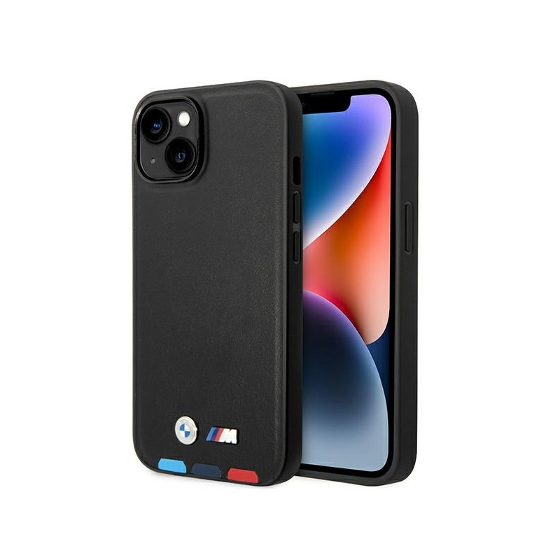 BMW Leather Stamp Tricolor MagSafe dėklas iPhone 14 Plus - juodas